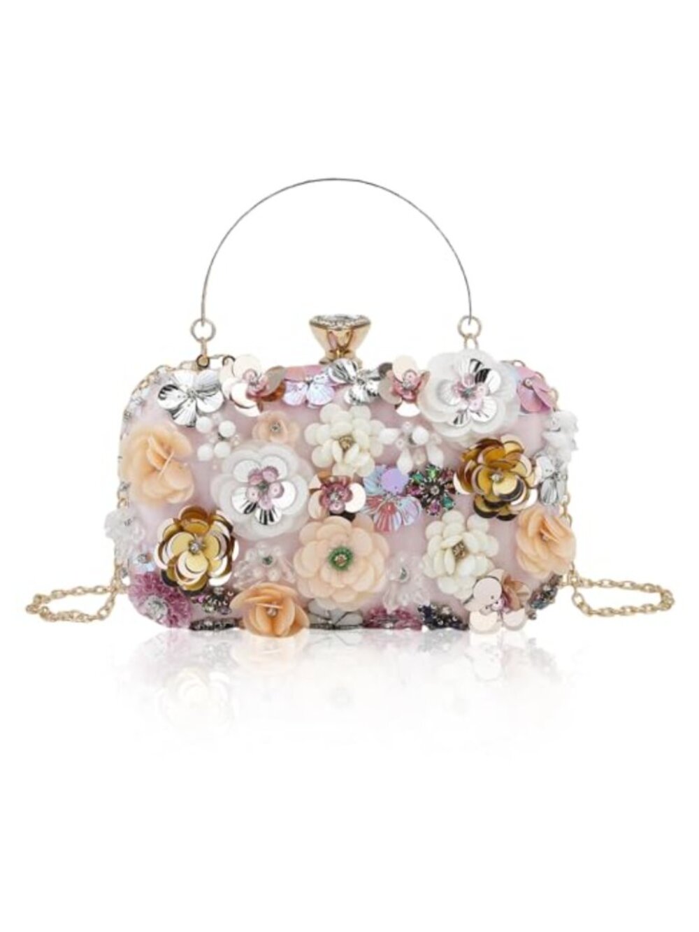 Floral Evening Clutch Bag Handsewing Sequins Beaded Flower Metal Rhinestones